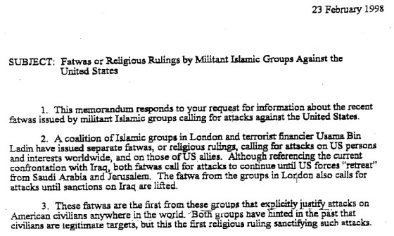 ON STOVEPIPING:  EARLY FATWAS SHOWED AL-QA’IDA DECLARED WAR ON US YEARS BEFORE BIN LADEN DID SO PUBLICLY