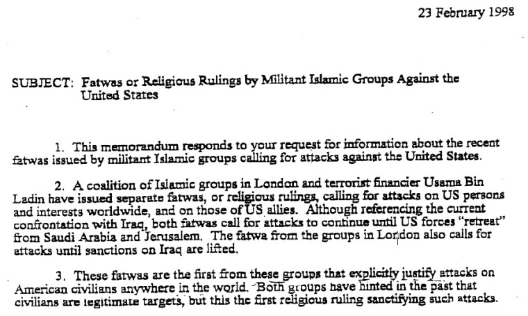 ON STOVEPIPING:  EARLY FATWAS SHOWED AL-QA’IDA DECLARED WAR ON US YEARS BEFORE BIN LADEN DID SO PUBLICLY